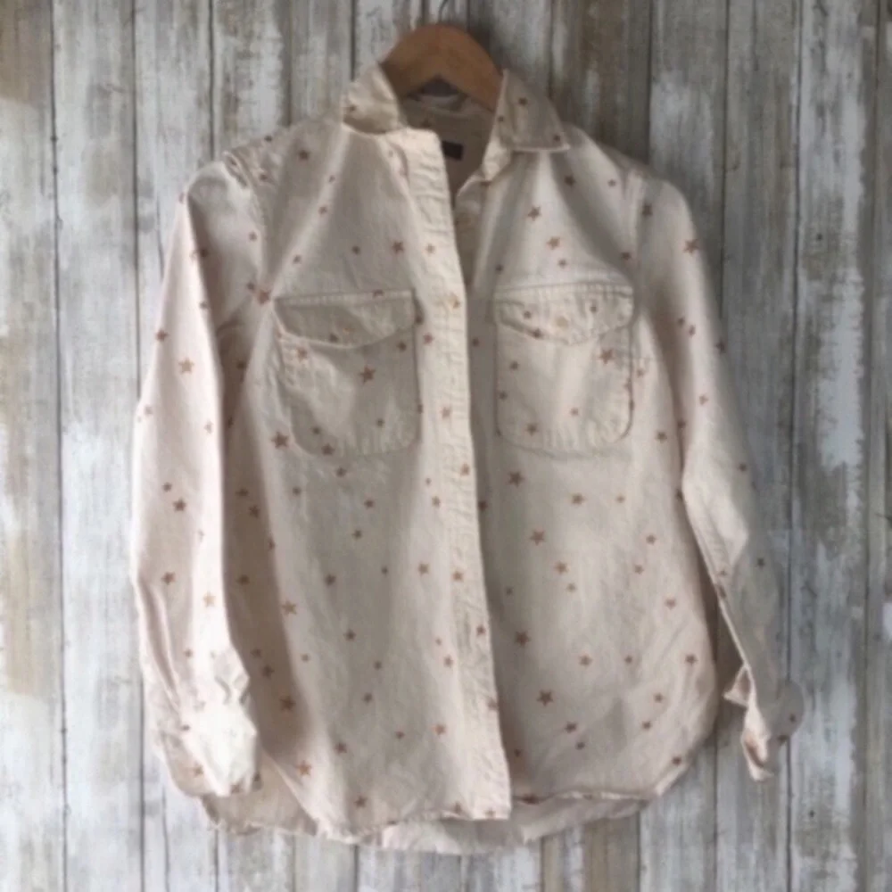 J.Crew Star Print Button Down XS Cream Gold Collared Cotton Blouse Casual Preppy